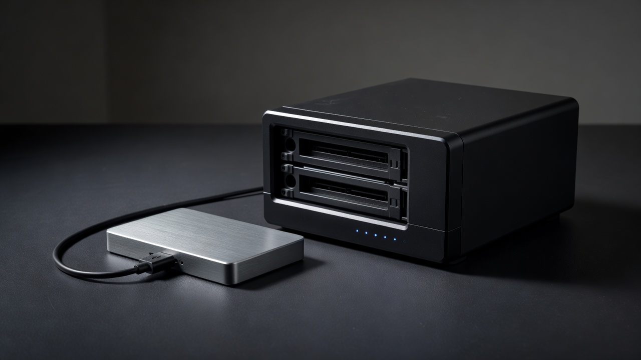 Render of a portable external hard drive and a two-bay NAS side by side on a dark surface