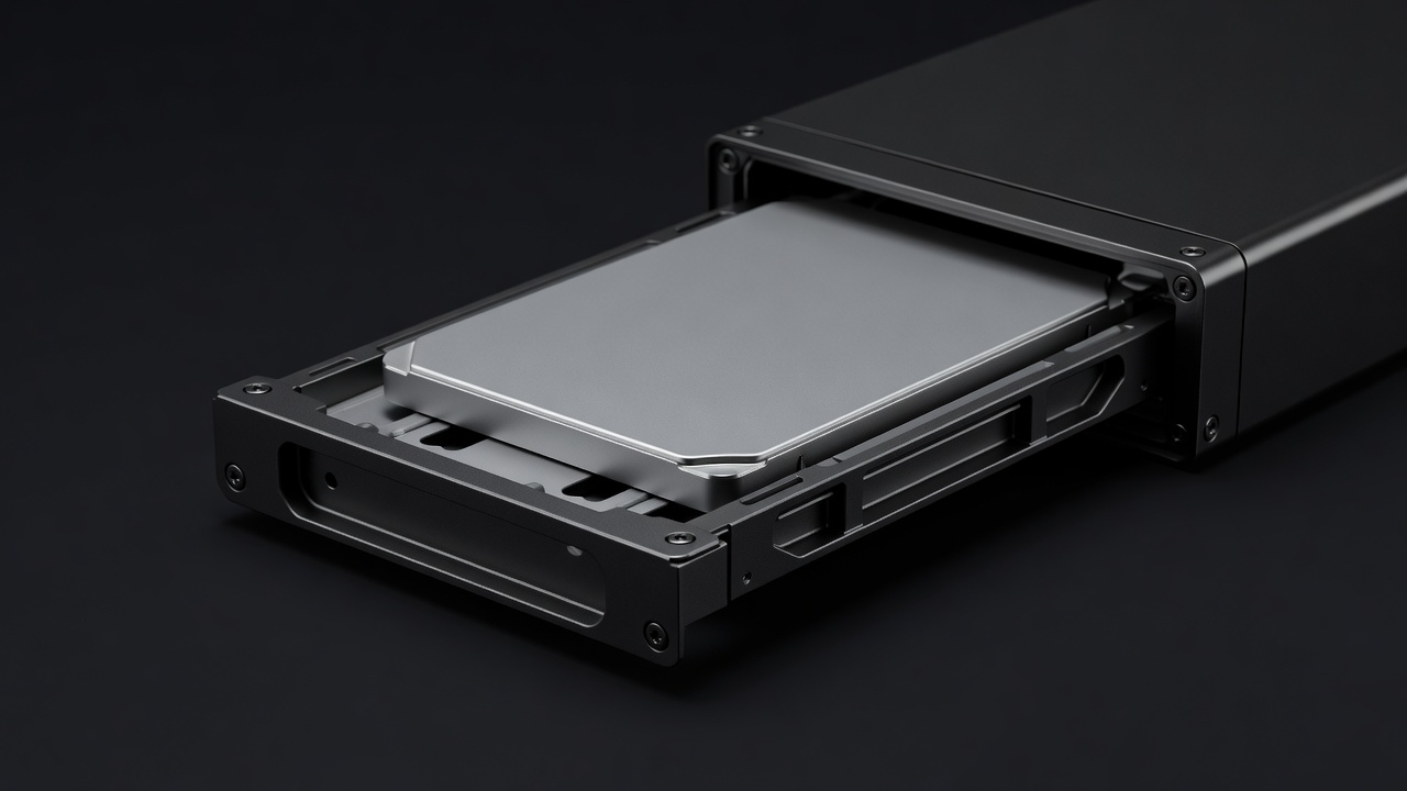 Close render of a hard drive sliding into a NAS drive bay tray, softly lit on a dark background