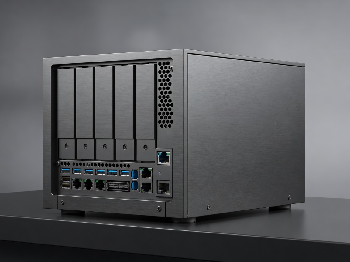 Render of a dark grey aluminium four-bay NAS with a 10 GbE port visible at the rear