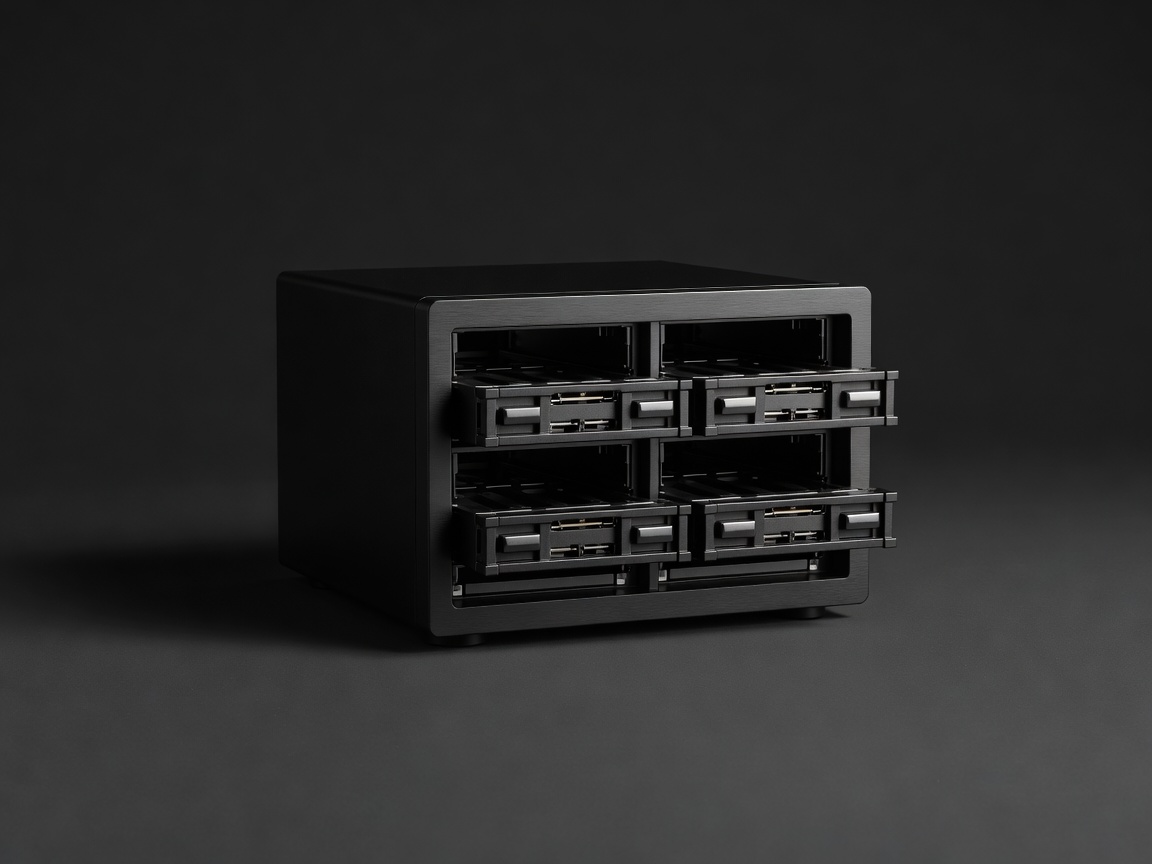 Render of a compact black four-bay NAS cube with drive bays exposed on a plain dark backdrop