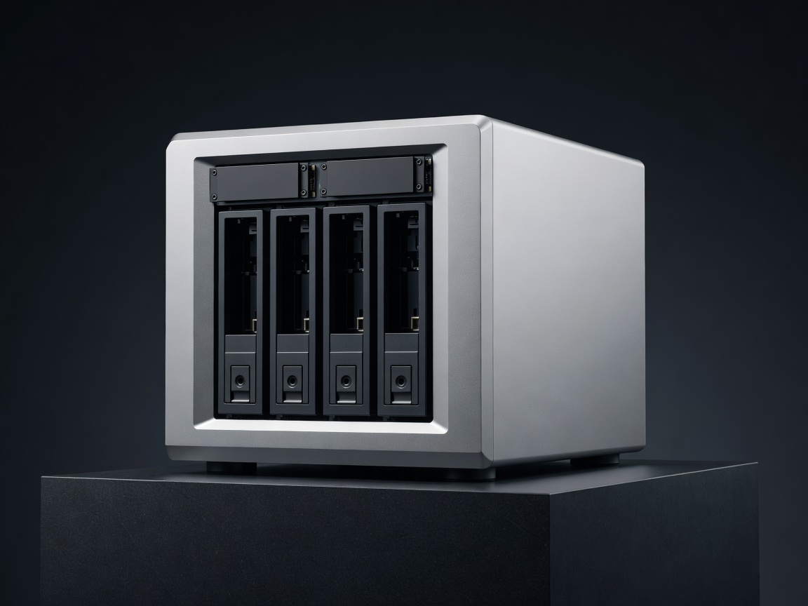 Render of a silver four-bay NAS with two NVMe slots on a dark plinth