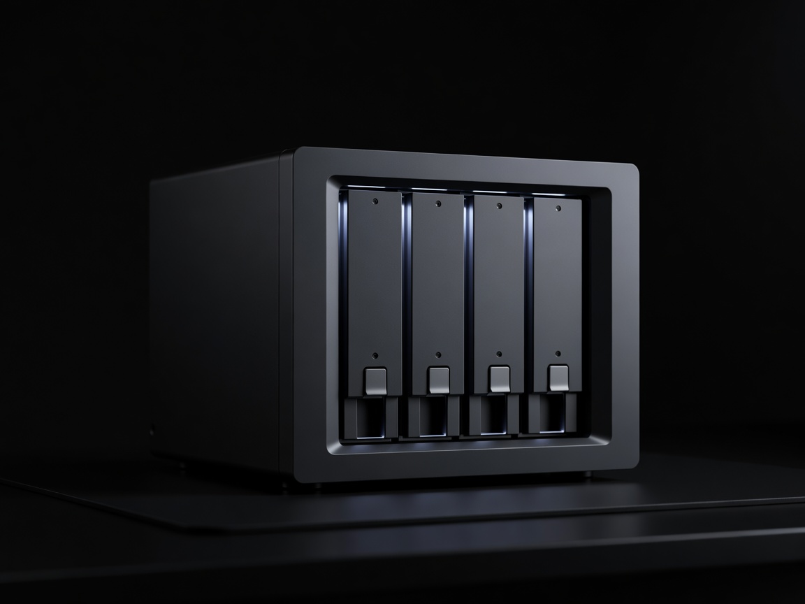 Render of a four-bay NAS with front drive trays lit softly against a dark background