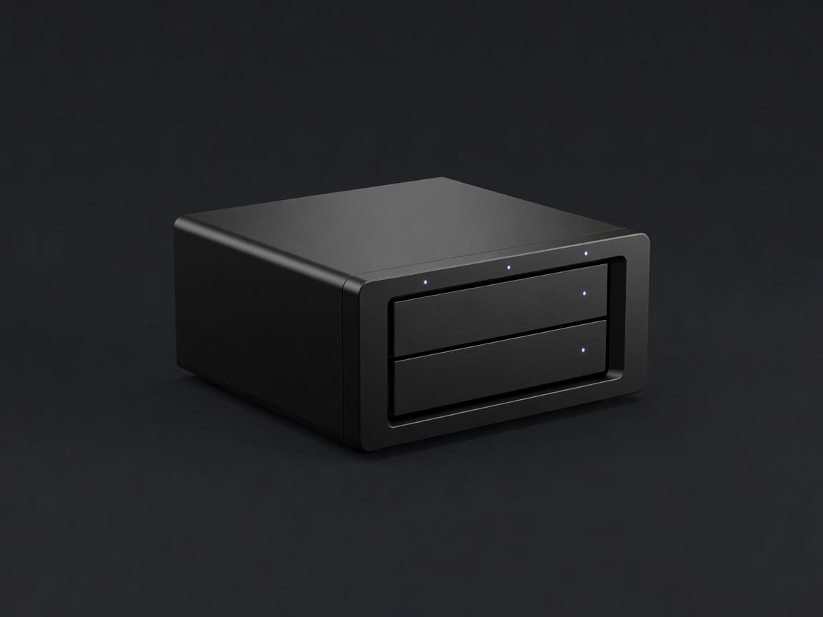 Soft-lit render of a compact black two-bay NAS enclosure on a plain dark backdrop