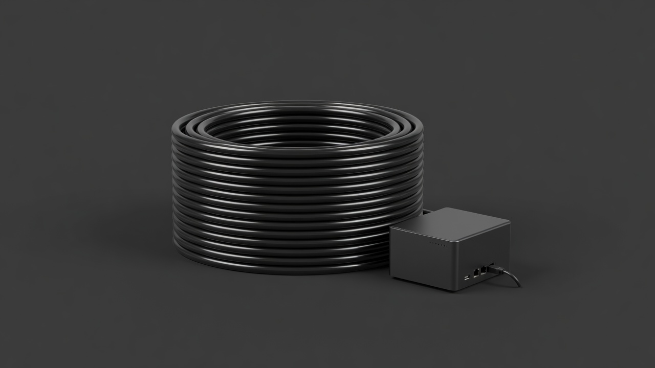 Render of a coiled Ethernet cable beside a small NAS on a plain dark backdrop